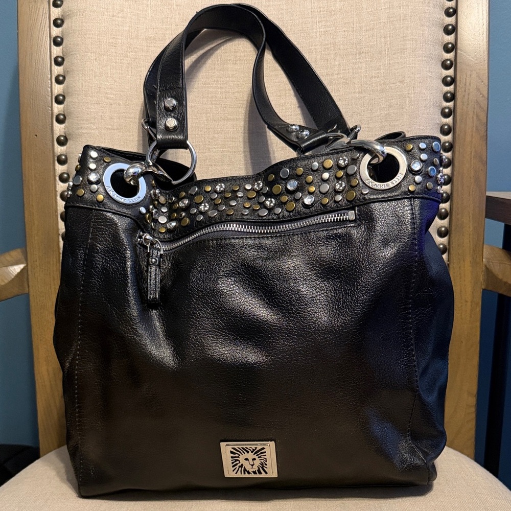 Anne Klein Black Leather Studded Shoulder Bag